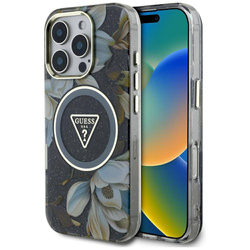 Schutzhülle IPHONE 16 PRO Guess Glitter Flowers Triangle Buttons MagSafe schwarz