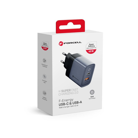 FORCELL F-ENERGY GaN VT-39 ładowarka sieciowa Typ C + USB A PD QC4.0 4A 45W szara