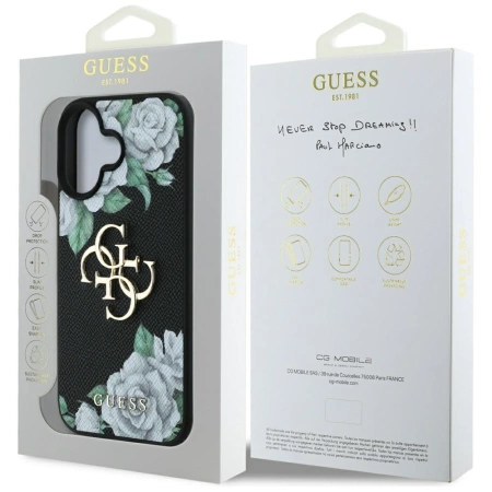 Guess Grained Roses Big 4G Logo Hülle für iPhone 16 - Schwarz