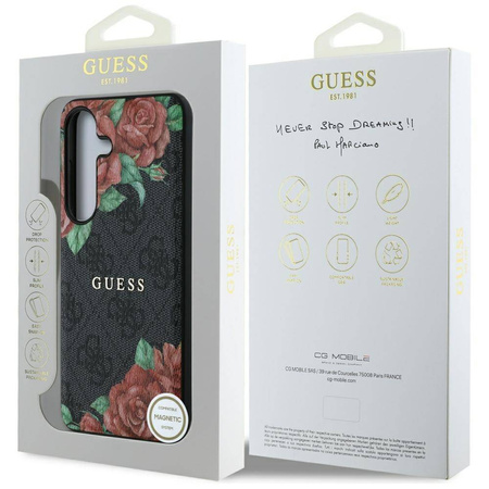 Original Case SAMSUNG GALAXY S25 Guess Leather 4G Flowers Print Metal Classic Logo MagSafe black