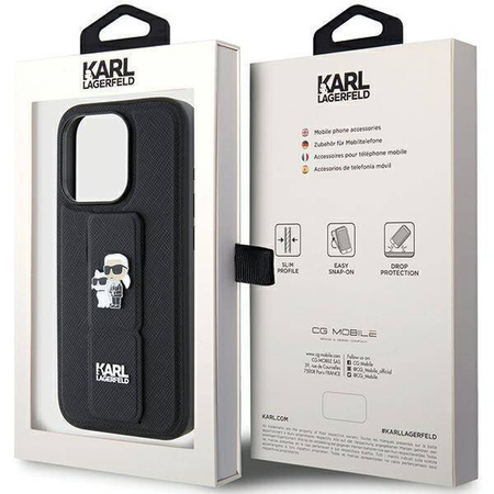 Etui Karl Lagerfeld Gripstand Saffiano Karl&Choupette Pins na iPhone 15 Pro - czarne