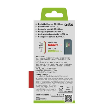 Powerbank SBS 10000 mAh 20W mit integriertem USB-C-Kabel und Digitalanzeige - grau