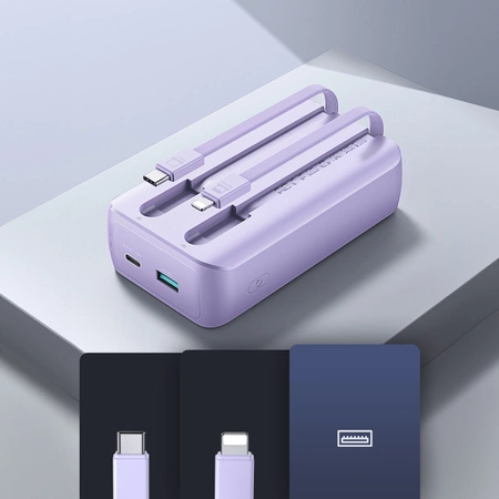Joyroom Powerbank 30 W 10000 mAh mit integrierten Lightning und USB-C-Kabeln lila (JR-PBC06)