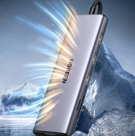 Ugreen CM498 15600 USB-C adapter - 3x USB-A 3.0 / HDMI / VGA / RJ45 / SD / TF card reader / USB-C PD - gray