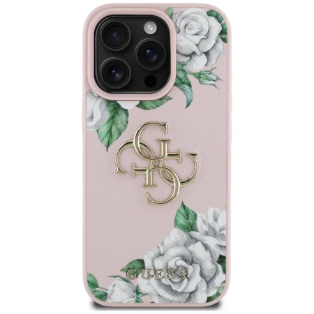 Guess Grained Roses Big 4G Logo iPhone 16 Pro Hülle - Rosa