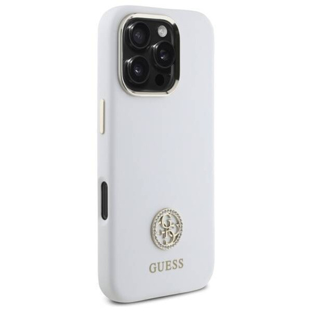 Original Handyhülle IPHONE 16 PRO Guess Hardcase Silicone Logo Strass 4G (GUHCP16LM4DGPH) weiß