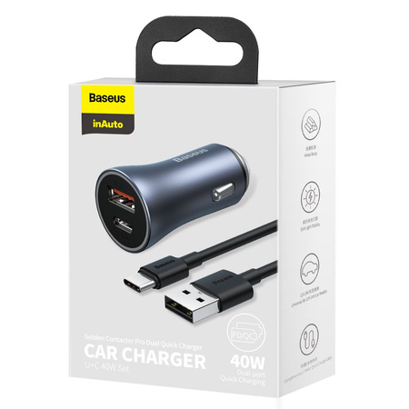 Baseus Golden Contactor Pro szybka ładowarka samochodowa USB Typ C / USB 40 W Power Delivery 3.0 Quick Charge 4+ SCP FCP AFC + kabel USB - USB Typ C szary (TZCCJD-0G)