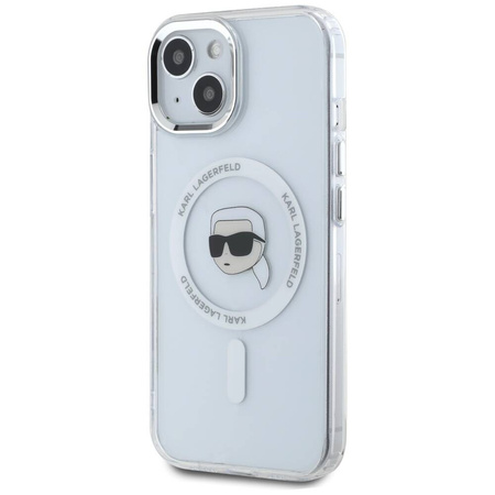 Original Case IPHONE 15 PLUS Karl Lagerfeld Hardcase IML Metal Karl Head MagSafe white