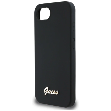 Guess Silikon Script Metal Logo MagSafe iPhone 16e Hülle - Schwarz