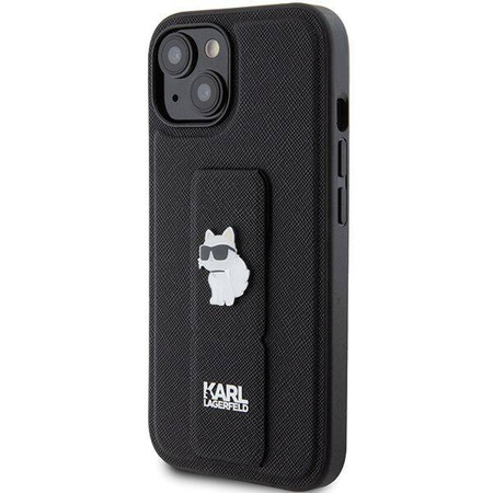 Karl Lagerfeld Gripstand Saffiano Choupette Pins Case for iPhone 15 Plus / 14 Plus - Black