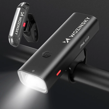 Zestaw lampek rowerowych Wozinsky WSBLB2 przednia (400 lm) i tylna USB-C - czarny