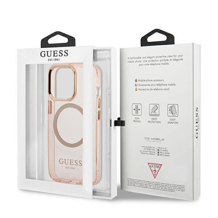 Original Case IPHONE 13 PRO MAX Guess Hard Case Gold Outline Translucent MagSafe (GUHMP13XHTCMP) pink
