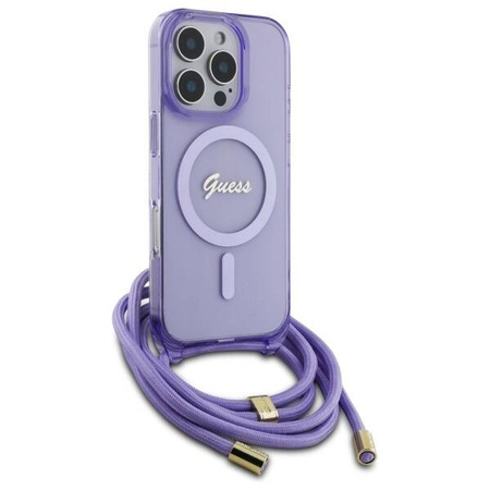 Original Handyhülle IPHONE 16 PRO MAX Guess Hardcase Crossbody Cord Script MagSafe (GUHMP16XHCTSGNSU) violett