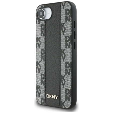 DKNY Leder Kariertes Monomuster MagSafe iPhone 16e Hülle - Schwarz