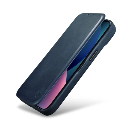 iCarer CE Oil Wax Premium Leather Folio Case skórzane etui iPhone 14 Plus z klapką magnetyczne MagSafe niebieski (AKI14220707-BU)