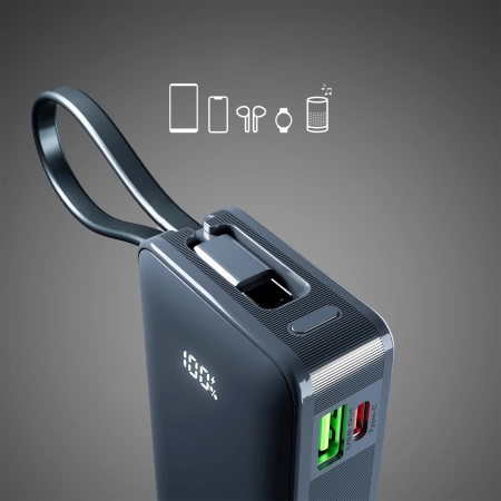 Powerbank SBS 10000 mAh 20W mit integriertem USB-C-Kabel und Digitalanzeige - dunkelgrau