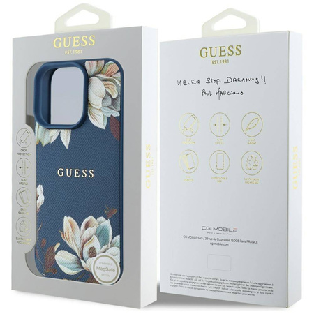 Schutzhülle IPHONE 16 PRO MAX Guess Grained Printed Flower Pattern MagSafe blau