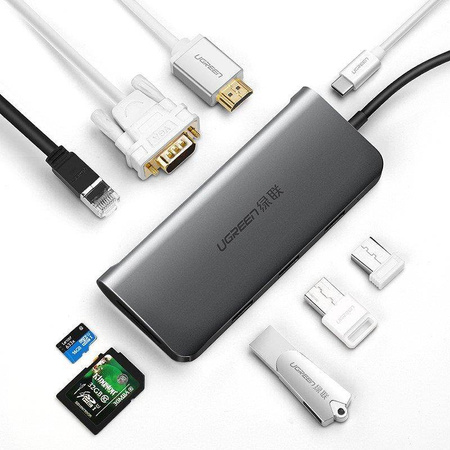 UGREEN 8in1 Adapter USB-C to HDMI 4K, 3x USB 3.0, Type-C, RJ45, SD, Micro SD (gray)
