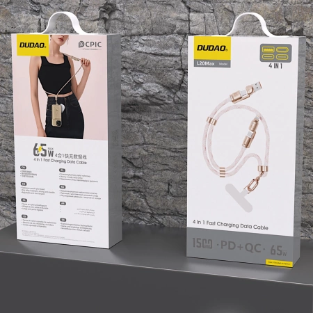 Kabel 4w1 / smycz Dudao L20MAX USB-A / USB-C / Lightning PD QC 65W 1.5m - różowy