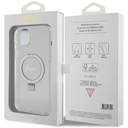 Guess nakładka do iPhone 15 Plus 6.7&quot; GUHMP15MHRSGSD transparentna hardcase Ring Stand Script Glitter MagSafe