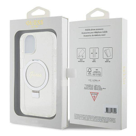 Original Handyhülle IPHONE 13 / 14 / 15 Guess Hardcase Ring Stand Script Glitter MagSafe (GUHMP15SHRSGSD) transparent