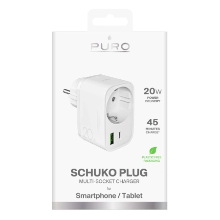 Ładowarka Puro 20W Power Delivery z wtyczką i gniazdem Schuko 1x USB-C + 1x USB-A - biała