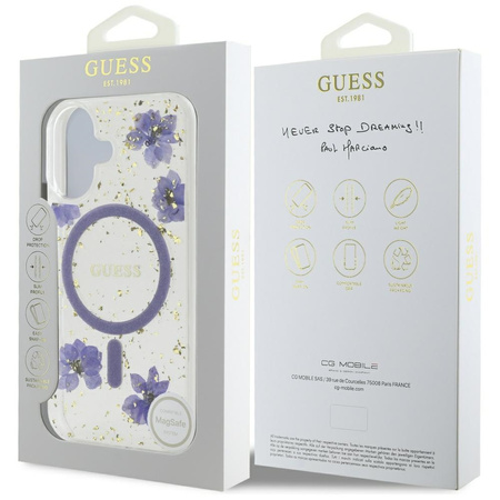 Original Case IPHONE 16 Guess Hardcase Resin Flowers Glitter MagSafe purple
