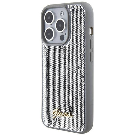 Guess Pailletten-Schriftzug-Metallgehäuse für iPhone 15 Pro – Silber