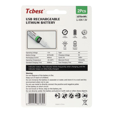 TCBEST bateria akumulatorowa R6 (AA) 1100 mAh z gniazdem Typ C + kabel USB A do 2 x Typ C 2 szt