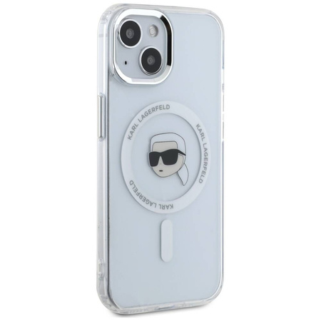 Original Case IPHONE 15 PLUS Karl Lagerfeld Hardcase IML Metal Karl Head MagSafe white