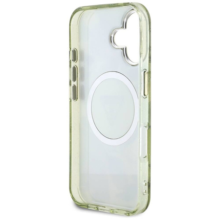 Schutzhülle IPHONE 16 Guess Glitter Flowers Triangle Buttons MagSafe grün