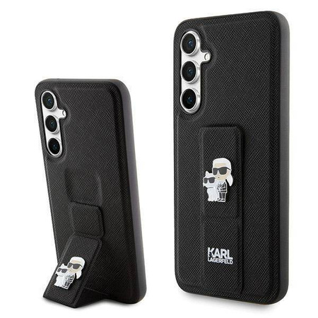 Karl Lagerfeld Gripstand Saffiano Karl&Choupette Pins Hülle für Samsung Galaxy S23 FE – Schwarz