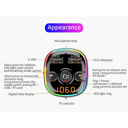 Transmiter FM MP3 z bluetooth 5.0 + czytnik kart pamieci + 2xUSB QC3.0 BC52L