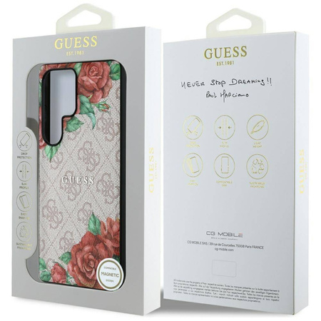 Oryginalne Etui SAMSUNG GALAXY S25 ULTRA Guess Leather 4G Flowers Print Metal Classic Logo MagSafe różowe