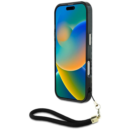 Oryginalne Etui IPHONE 16 PRO Guess HC IML Leopard Triangle Cord Strap czarne