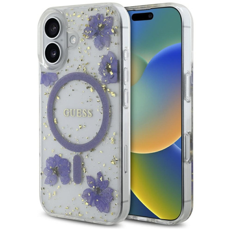 Original Case IPHONE 16 Guess Hardcase Resin Flowers Glitter MagSafe purple