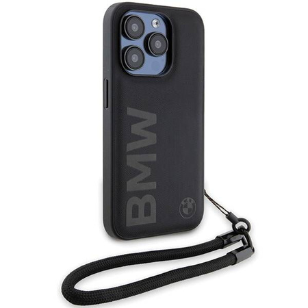 BMW Signature Leder-Wordmark-Cord-Hülle für iPhone 15 Pro – Schwarz