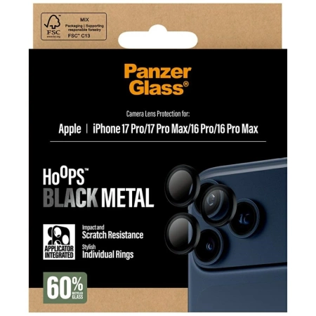 Szkło hartowane PanzerGlass Hoops na obiektyw na iPhone 17 Pro / 17 Pro Max / 16 Pro / 16 Pro Max czarny