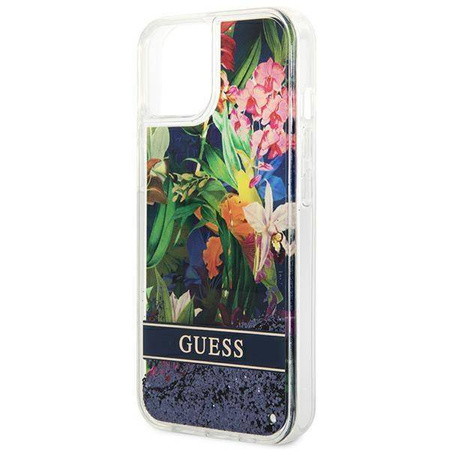 Etui IPHONE 14 PLUS Guess Hardcase Flower Liquid Glitter niebieskie