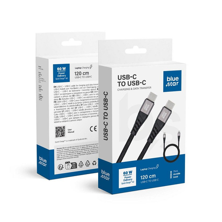 Kabel Blue Star z oplotem ze złączem USB C do USB C 3A 60W