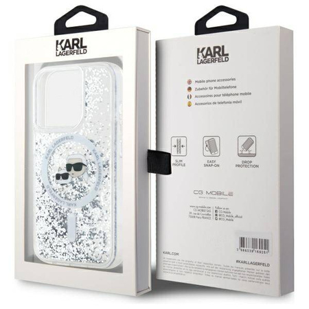 Oryginalne Etui IPHONE 15 PRO MAX Karl Lagerfeld Hardcase Liquid Glitter Karl&Choupette Head MagSafe (KLHMP15XLGKCSGH) transparentne