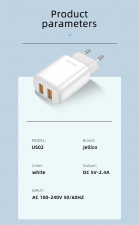 JELLICO wall charger EU02 2.4A 12W 2xUSB White