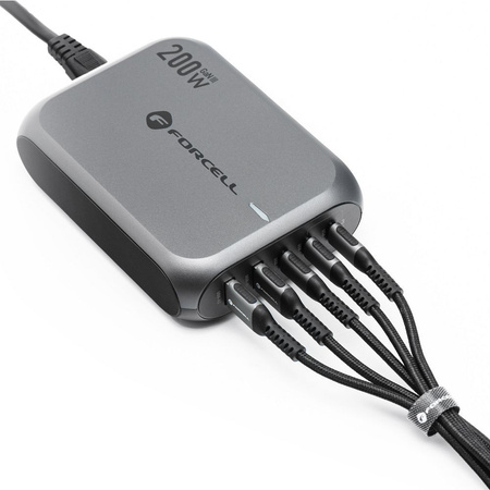 FORCELL F-ENERGY GaN III VT-51 ładowarka biurkowa 3 x Typ C + 2 x USB A PD QC4.0 SFC2.0 5A 200W szara