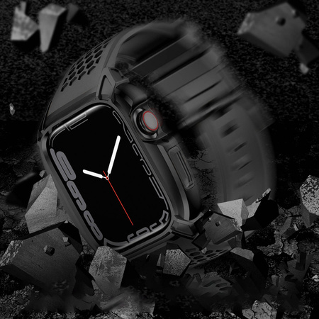 Kingxbar CYF148 2in1 Rugged Case for Apple Watch SE, 6, 5, 4 (44 mm) Stainless Steel with Strap Black