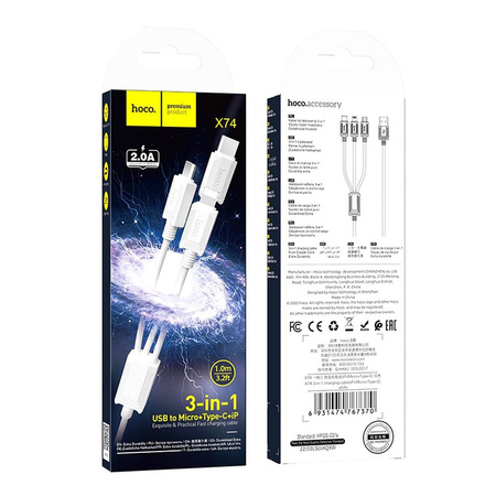 HOCO kabel 3w1 USB A do Lightning / Micro USB / Typ C 2A X74 1 m biały