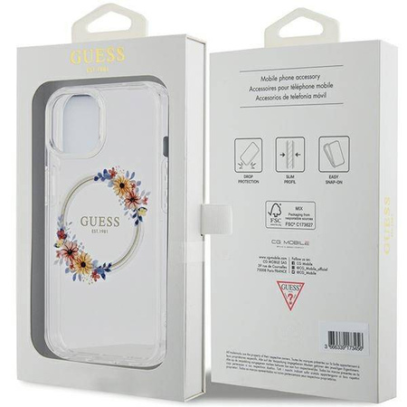 Oryginalne Etui GUESS Hardcase GUHMP15SHFWFCT do iPhone 15 (Kompatybilny z Magsafe / Flowers Wreath / transparent)