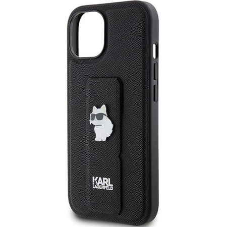 Karl Lagerfeld Gripstand Saffiano Choupette Pins Hülle für iPhone 15 Plus / 14 Plus – Schwarz