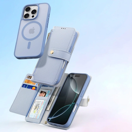 Dux Ducis Lawa iPhone 16 Pro Leather Case with Detachable Magnetic Wallet - Blue