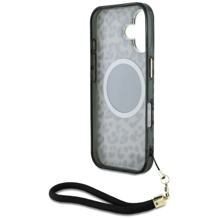 Original Handyhülle IPHONE 16 Guess HC IML Leopard Triangle Cord Strap braun
