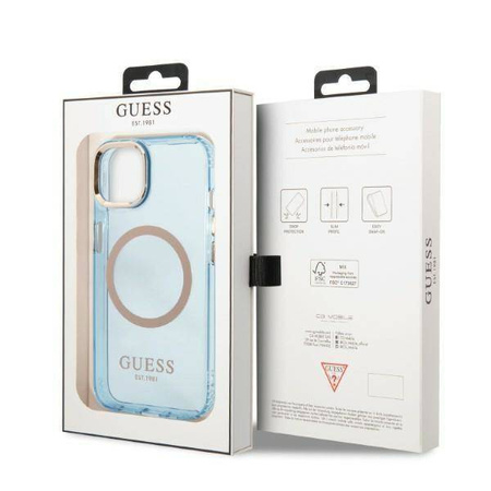 Original Handyhülle IPHONE 13 Guess Hard Case Gold Outline Translucent MagSafe (GUHMP13MHTCMB) blau
